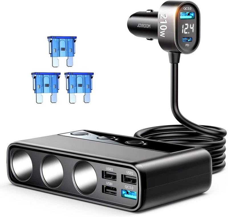 210W 9-in-1 Car Charger & Cigarette Lighter Splitter | 3 DC Sockets + USB-A + 36W USB-C PD